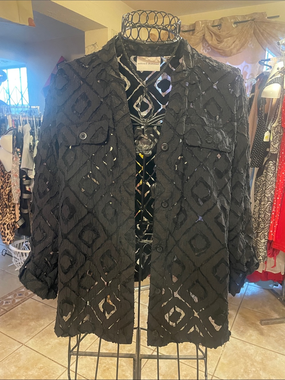 Alfred Dunner Black Diamond-Pattern Openwork Shirt Jacket